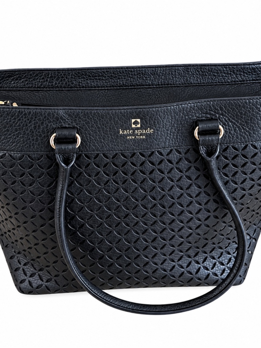 kate spade Black Perforated Leather Tote with Gold Logo